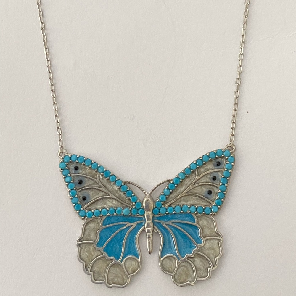 🦋925 Silver butterfly necklace blue enamel evil eye